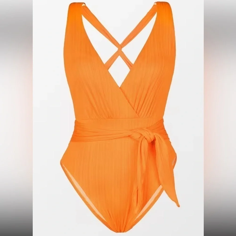 Cupshe Orange Retro Rib Surplice Sash Texture Belt One Piece Swimsuit Sz Medium